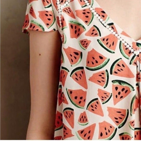 Anthropologie Maeve Women’s Picnic Days Watermelon Blouse Top Size 6 Cap Sleeve - Picture 2 of 9